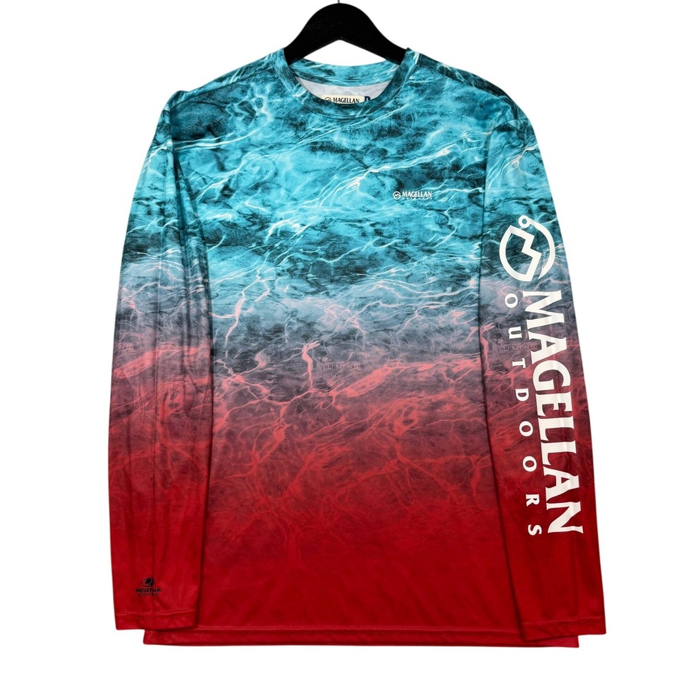 Magellan Outdoors Fish Gear Long Sleeve Shirt Mens Medium Mossy Oak Blue Red